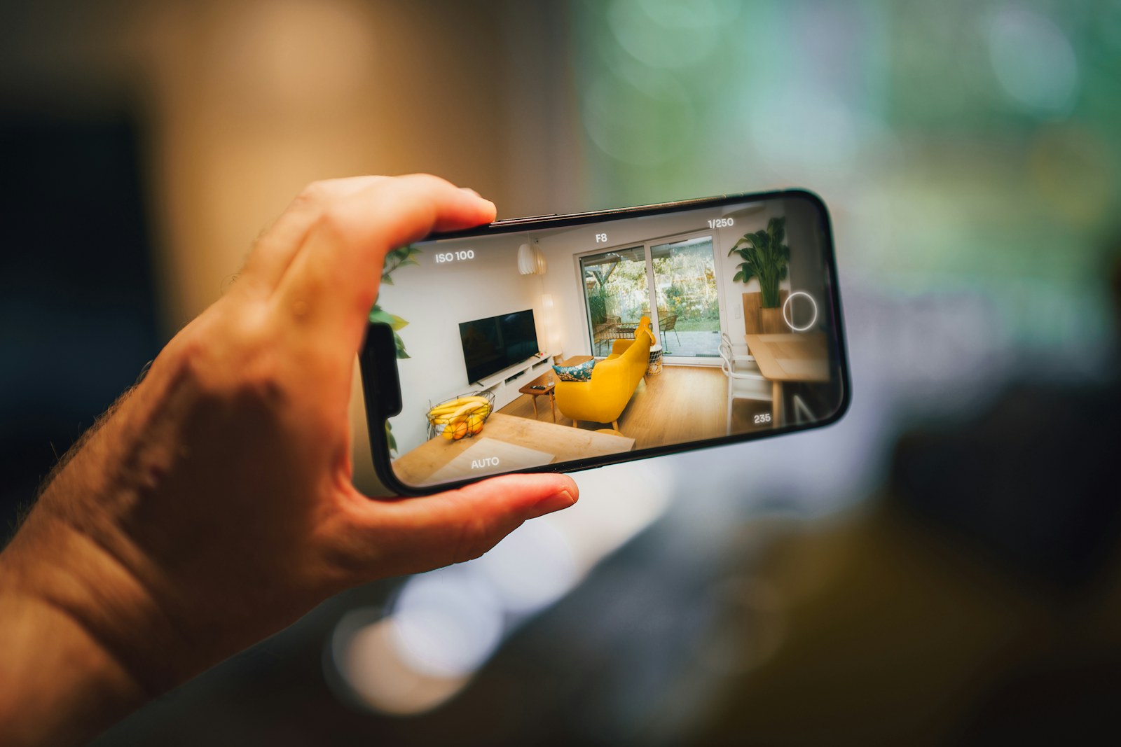 A hand holding a phone to photograph a furnished living room from the doorway